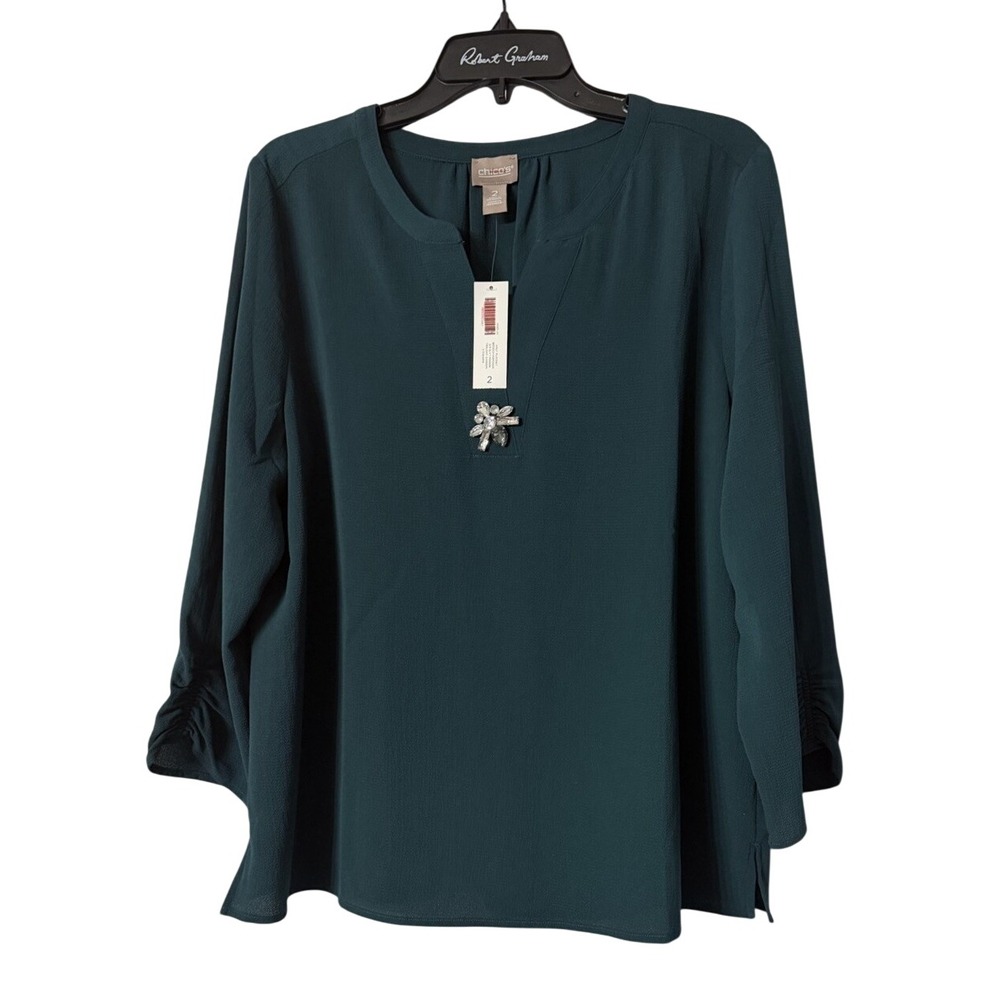 NWT Chicos Womens Half Placket Brooch Popover 3/4 Sleeve Top Blouse Shirt Size 2